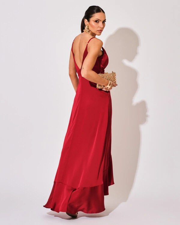 Vestido Midi Babado Acetinado Marsala