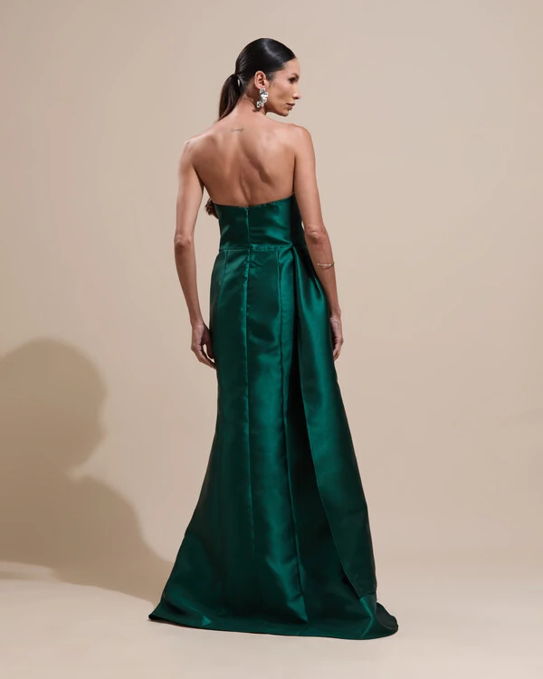 Vestido de Festa Longo Tomara que Caia Zibeline Drapeado e Faixa Verde Escuro