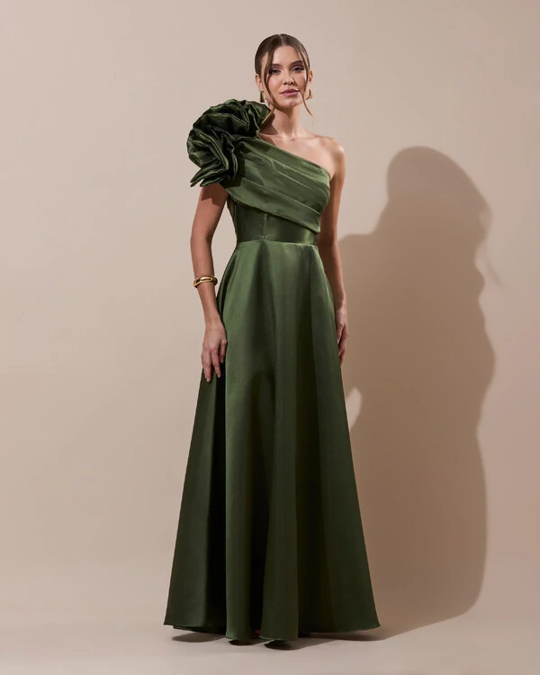Vestido de Festa Longo Zibeline um Ombro Só Flor Drapeado Verde Oliva New