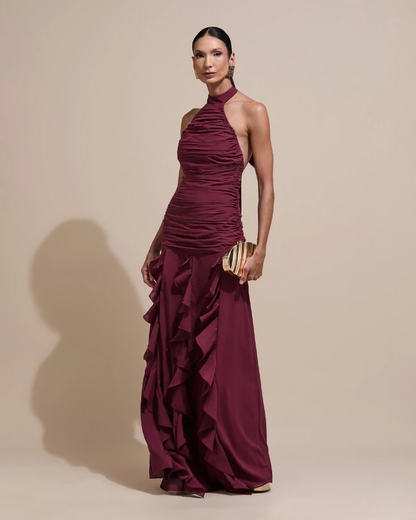 Vestido de Festa Longo Frente Única Crepe Chiffon Drapeado Babados Cascata Marsala