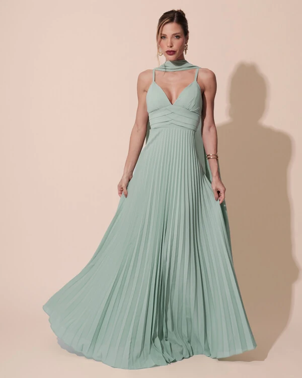Vestido de Festa Longo Plissado Crepe Chiffon com Alça e Lenço Menta