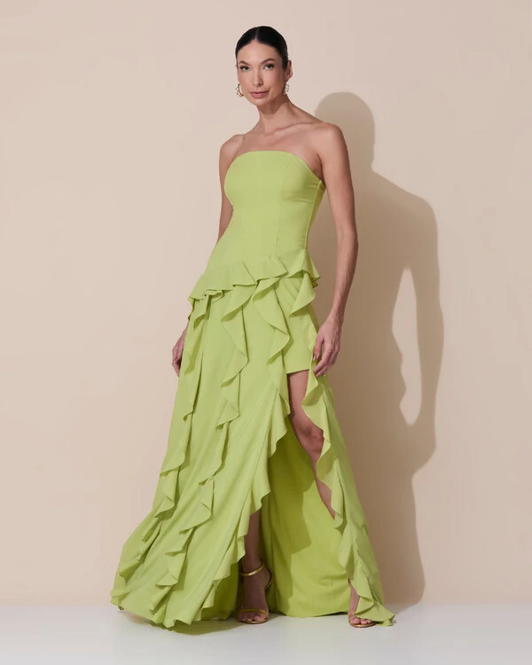 Vestido de festa Longo Tomara que Caia Crepe Chiffon com Babados Cascata e Fenda Verde Claro