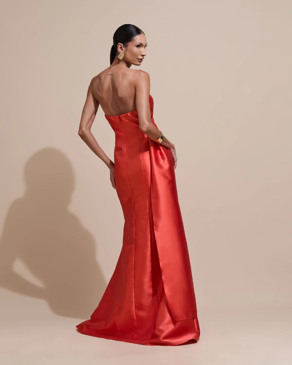 Vestido de Festa Longo Tomara que Caia Zibeline Drapeado e Faixa Laranja