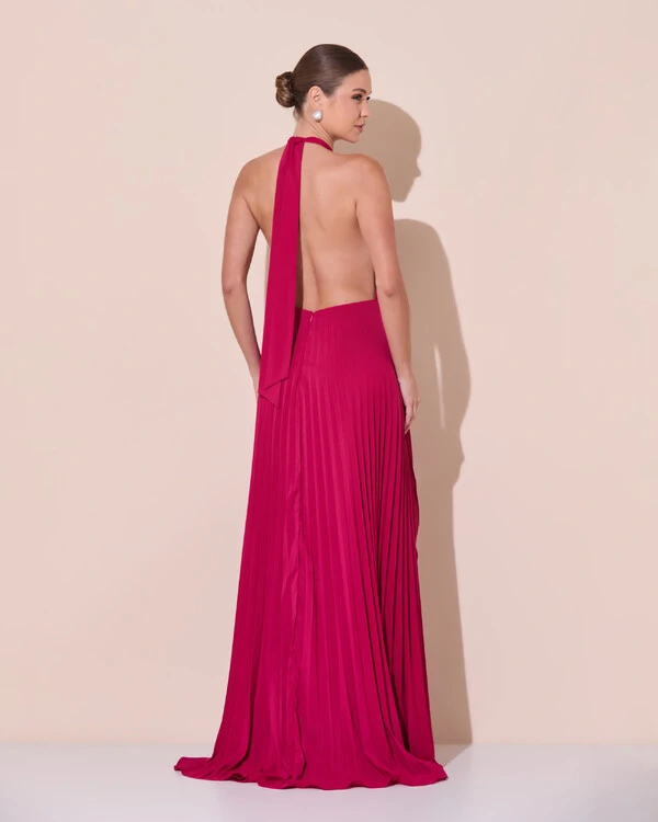 Vestidos de Festa Longo Chiffon Fluido Frente Única Plissado Duplo Cereja