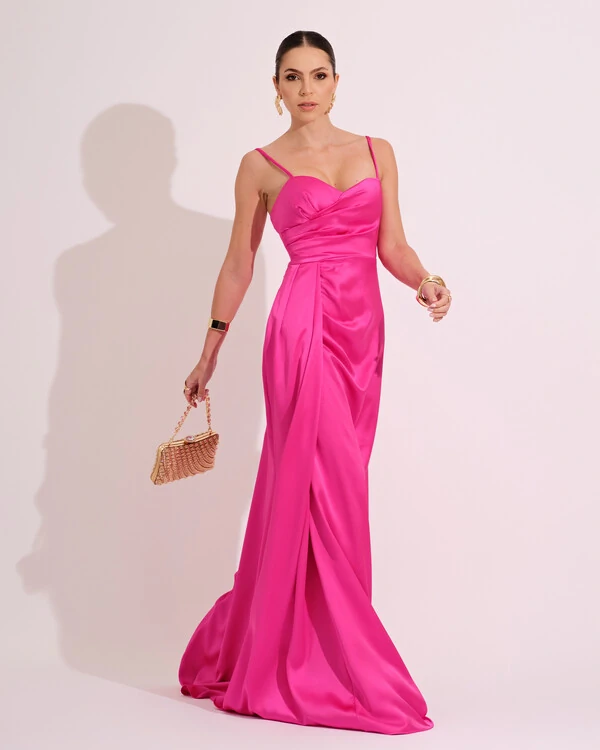 Vestido de Festa Longo Cetim Alfaiataria Fenda Drapeada Pink