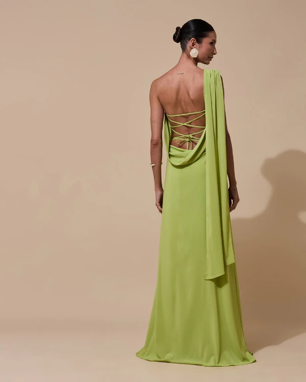 Vestido de Festa Longo Tomara que Caia Crepe Chiffon Lenço Drapeado Costas Trançada Verde Garden