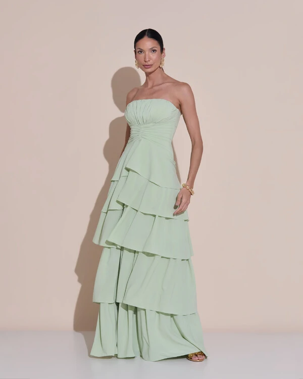 Vestido de Festa Longo Tomara que Caia Drapeado Crepe Chiffon Babados Camadas Verde Menta New