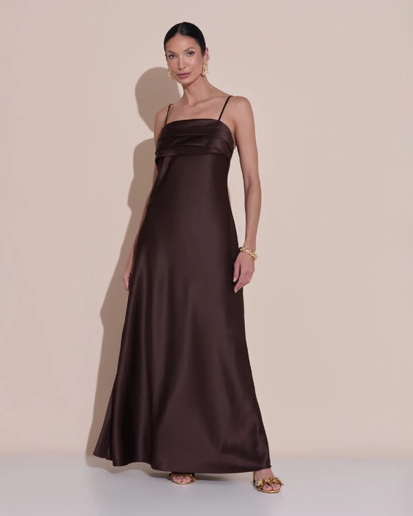 Vestido de Festa Midi Drapeado Cetim Marrom