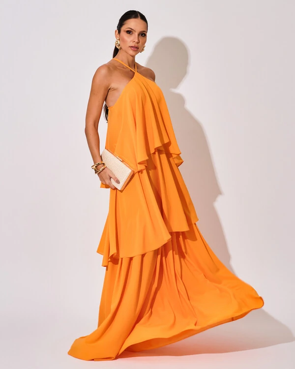 Vestido Longo Crepe Chiffon Babado em Camadas Laranja Manga