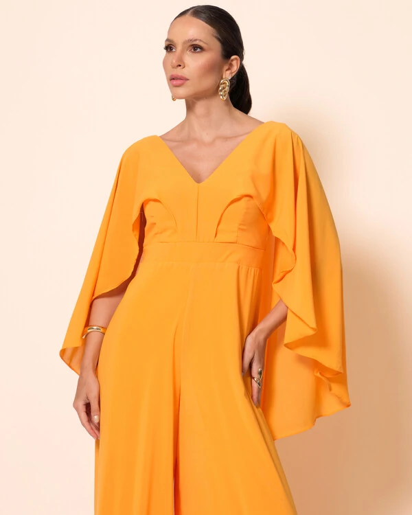 Macacão de Festa Longo Crepe Chiffon com Capa Laranja Manga
