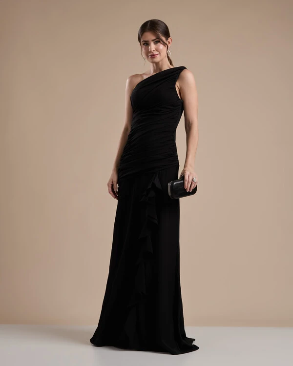 Vestido de Festa Longo Crepe Chiffon Um Ombro Só Drapeado com Babado Cascata Preto