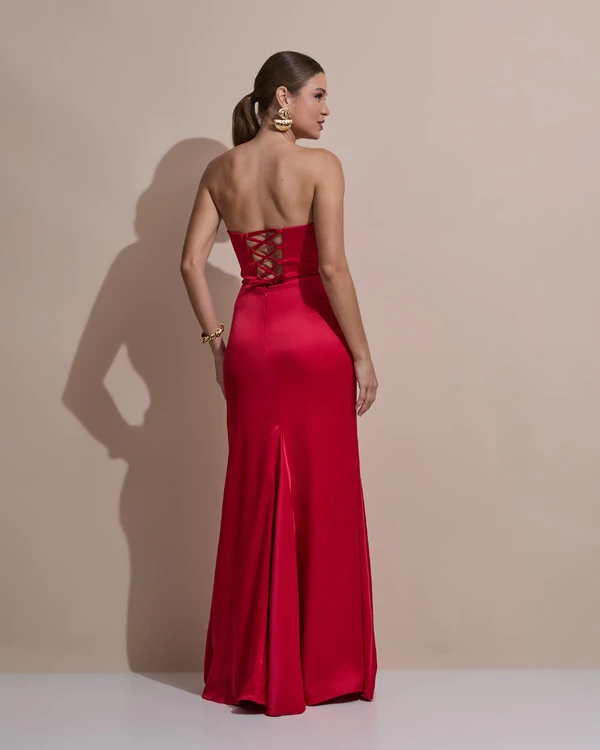 Vestido De Festa Longo Tomara Que Caia Drapeado Cetim Alfaiataria Trançado Costas Vermelho