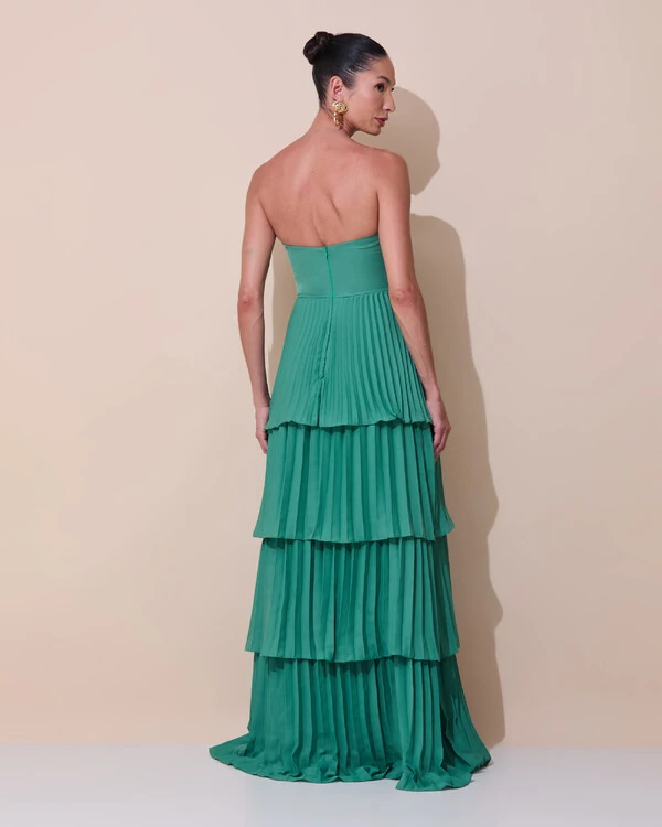 Vestido de Festa Longo Tomara que Caia Crepe Chiffon Plissado Camadas Verde Matcha Escuro