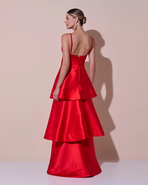 Vestido de Festa Longo Zibeline em Camadas Decote em V com Alças Vermelho New