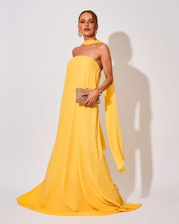 Vestido de Festa Longo Crepe Tomara que Caia com Lenço Amarelo
