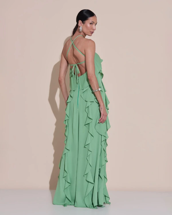Vestido de Festa Longo Crepe Chiffon Frente Única Babados Cascata e Flor Verde Matcha