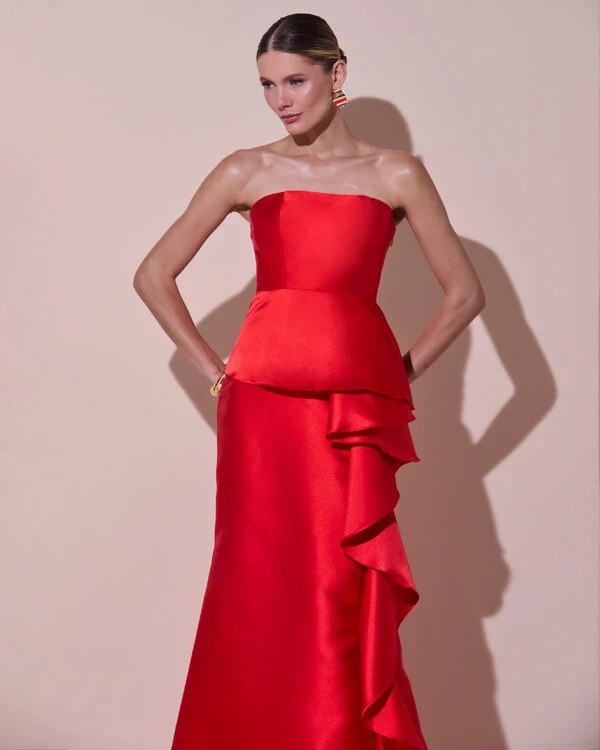 Vestido de Festa Longo Tomara que Caia Babado Cascata Vermelho New