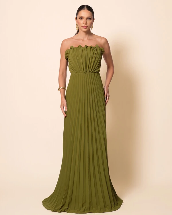 Vestido de Festa Longo Tomara que Caia Plissado Detalhe Verde Oliva New