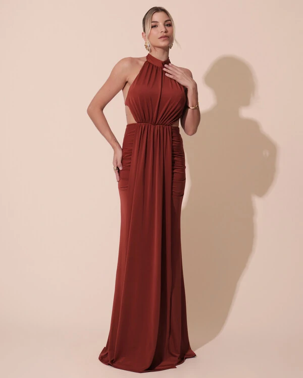 Vestido de Festa Longo Malha Jersey Gola Alta Saia Sereia Terracota