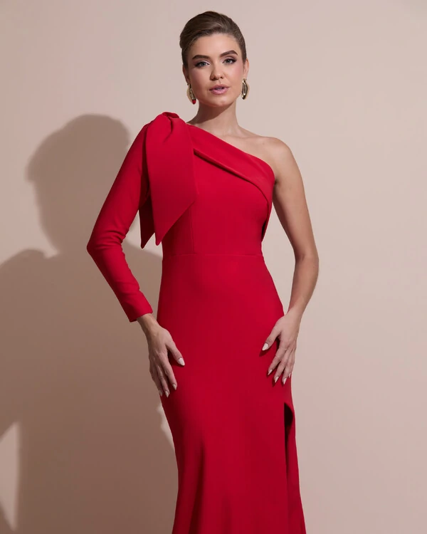 Vestido de Festa com Laço de Um Ombro em Alfaiataria Fenda Vermelho