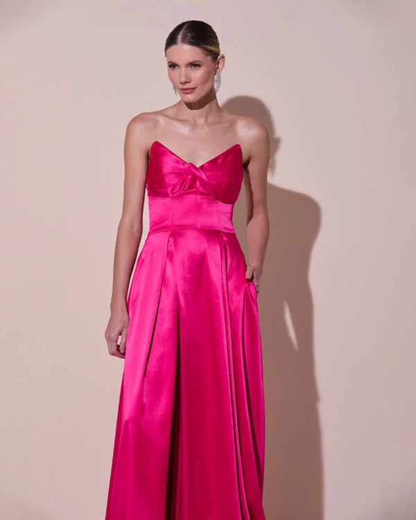 Vestido de Festa Longo Tomara que Caia Cetim Decote Coração Fenda Pink