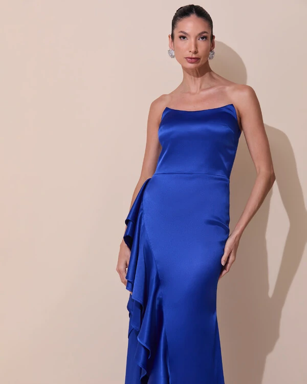 Vestido de Festa Longo Tomara que Caia Cetim Babado Fenda Azul Royal