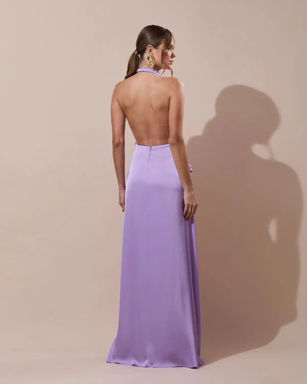 Vestido de Festa Longo Cetim Frente Única Degagê com Faixa Drapeada Lilás
