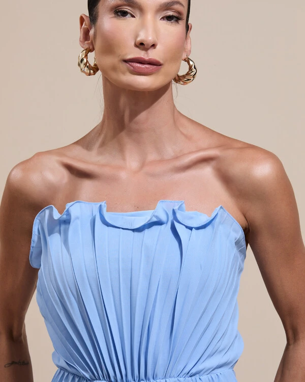 Vestido de Festa Longo Tomara que Caia Plissado Detalhe Serenity