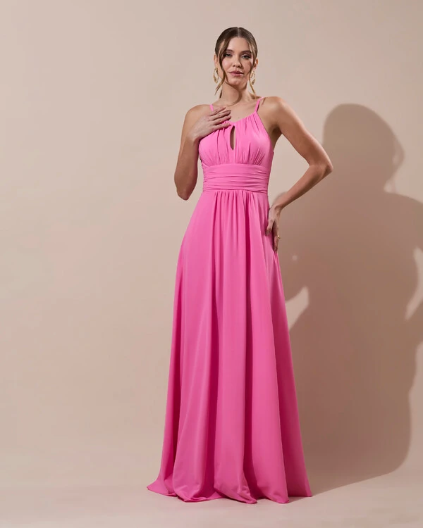 Vestido de Festa Longo Crepe Chiffon Drapeado com Alças e Saia Fluida Rosa