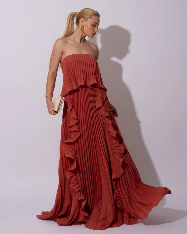 Vestido de Festa Longo Crepe Chiffon Tomara que Caia Plissado com Babado Cascata Terracota