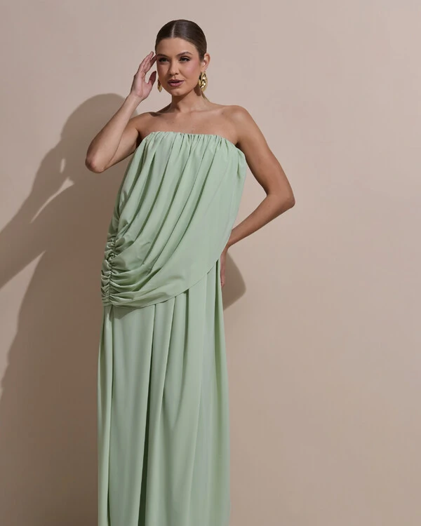 Vestido de Festa Longo Tomara Que Caia Crepe Chiffon Drapeado Verde Menta New