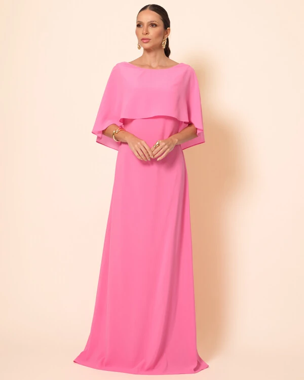 Vestido de Festa Longo Crepe Chiffon com Capa e Degagê nas Costas Rosa