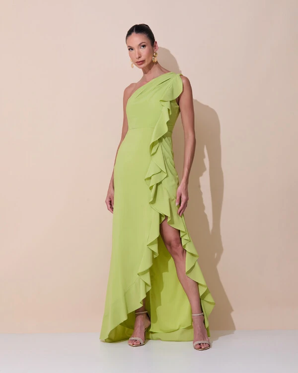 Vestido de Festa Midi Um Ombro Só Crepe Chiffon Babados Cascata Fenda Verde Garden