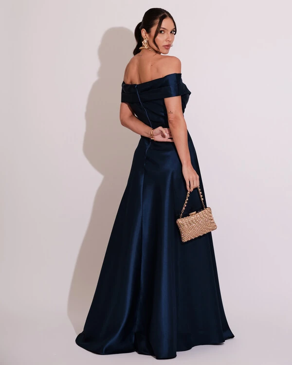 Vestido de Festa Longo Zibeline Ombro a Ombro com Fenda Azul Marinho