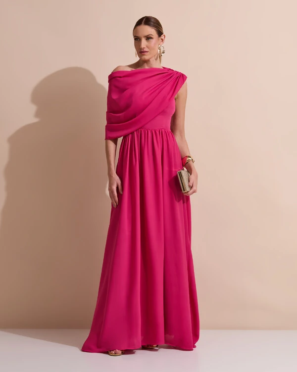 Vestido de Festa Longo Um Ombro Só Crepe Chiffon Capa Drapeado Pink Escuro