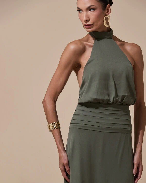 Vestido de Festa Longo Frente Única Busto Blousê Crepe Chiffon Drapeado Verde Oliva