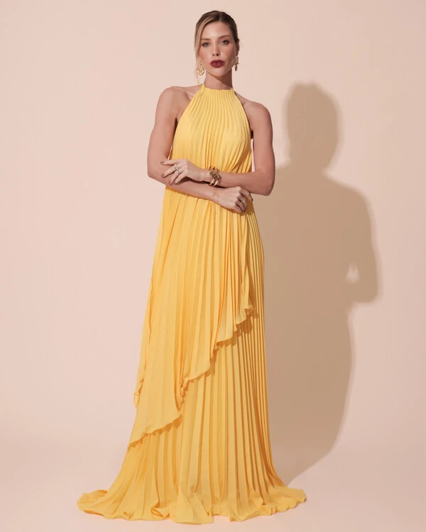 Vestidos de Festa Longo Chiffon Fluido Frente Única Plissado Duplo Amarelo