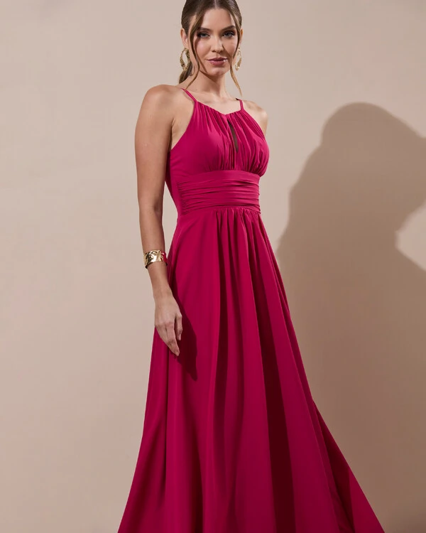 Vestido de Festa Longo Crepe Chiffon Drapeado com Alças e Saia Fluida Cereja