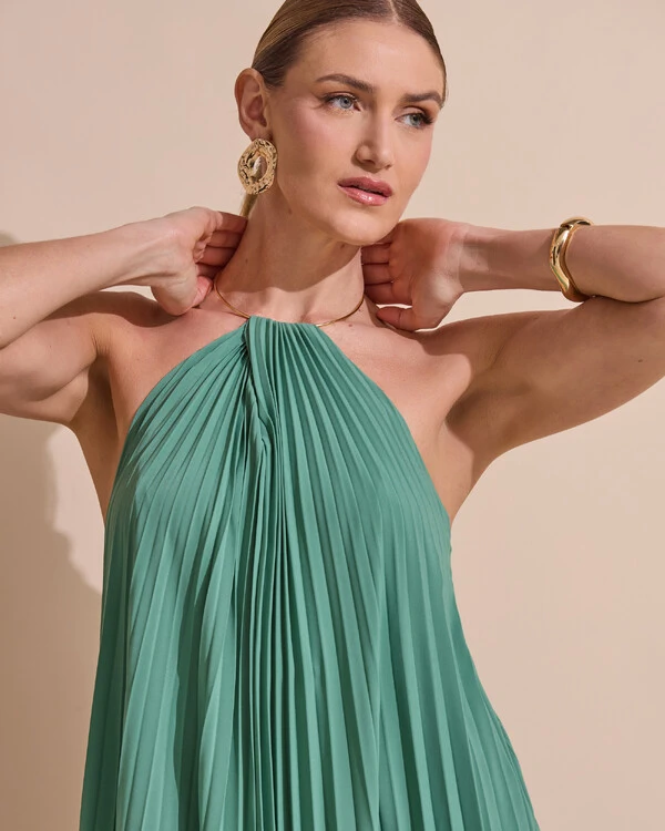 Vestido de Festa Longo Frente Única Plissado Crepe Chiffon Argola Verde Matcha Escuro