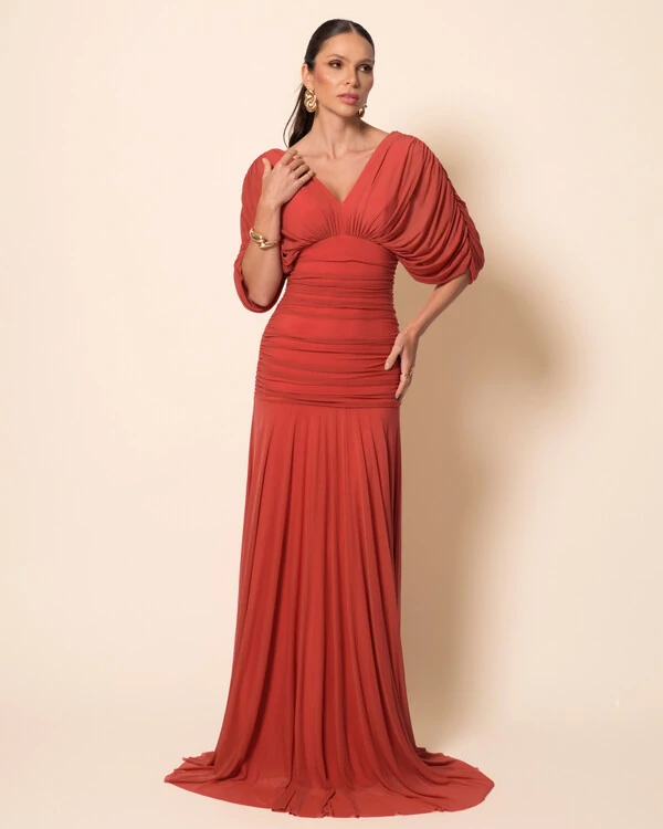 Vestido de Festa Longo Tule Manga Curta Drapeado Terracota