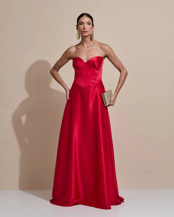 Vestido de Festa Longo Tomara que Caia Decote Coração Cetim Cruzado Costas Vermelho
