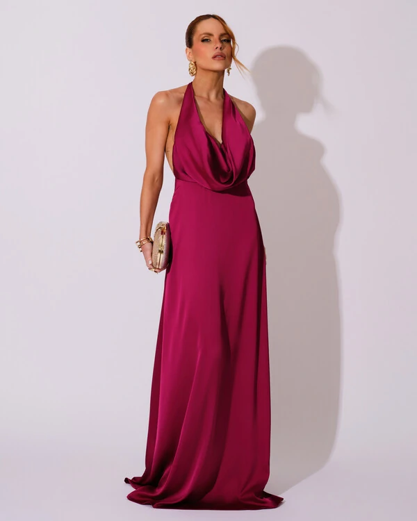 Vestido de Festa Longo Frente Única Degagê Cetim Fluido Cereja