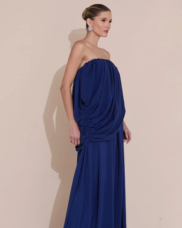 Vestido de Festa Longo Tomara Que Caia Crepe Chiffon Drapeado Azul Marinho