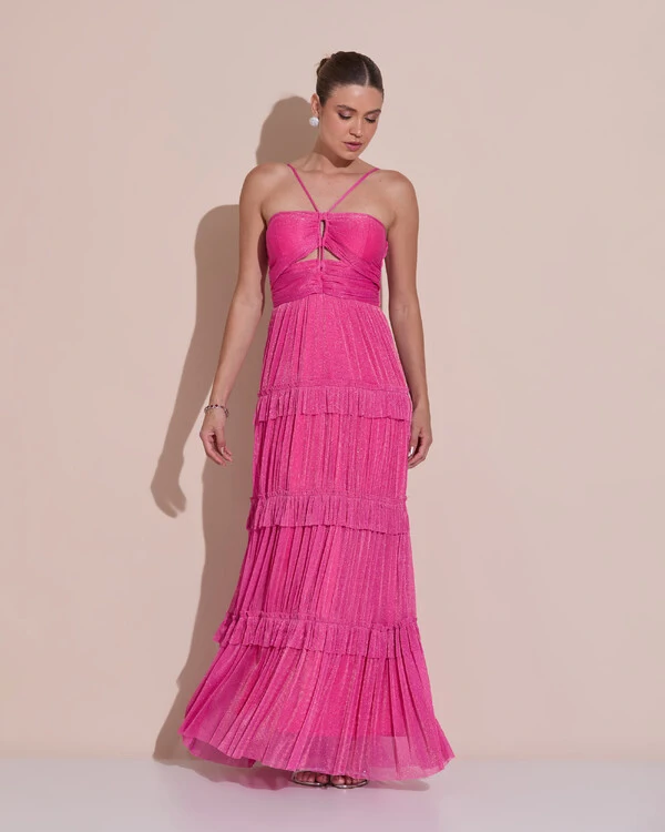 Vestido de Festa Longo Tule com Saia Babado Pink