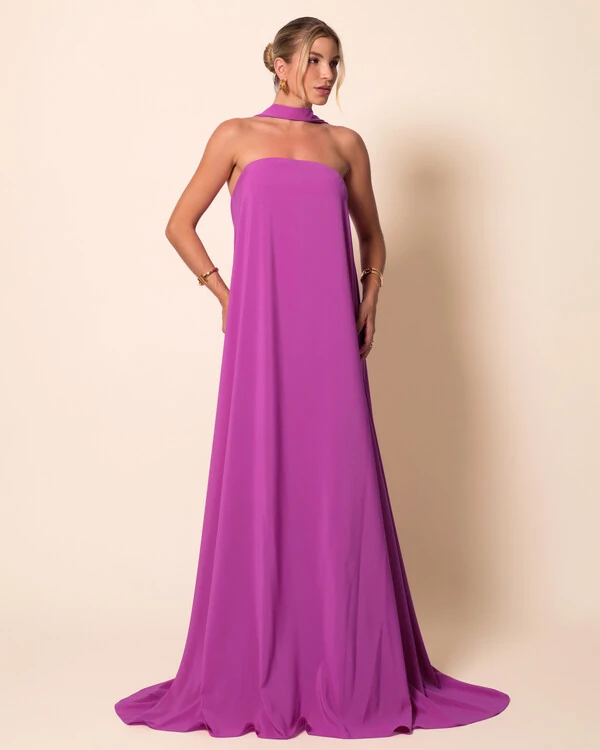 Vestido de Festa Longo Crepe Tomara que Caia com Lenço Fúcsia