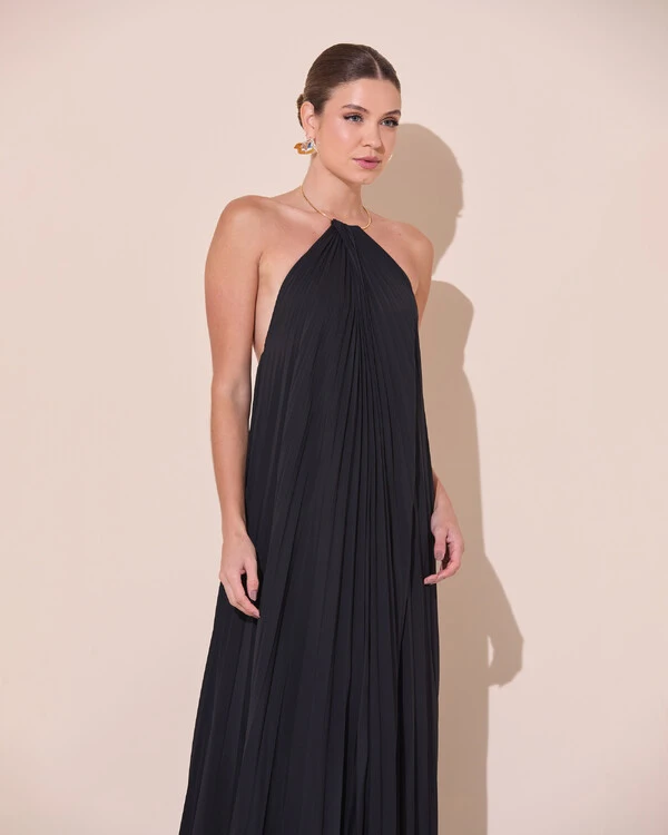 Vestido de Festa Longo Frente Única Plissado Crepe Chiffon Argola Preto