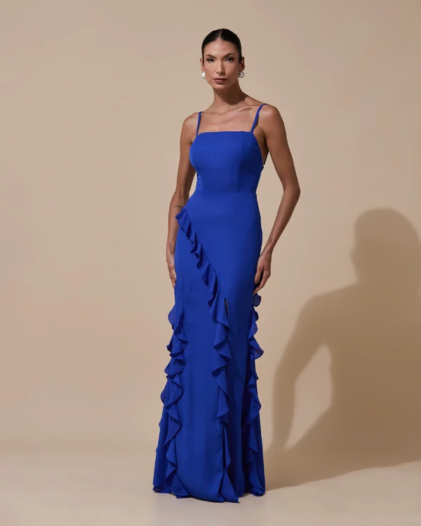 Vestido de Festa Longo Alças Finas Crepe Chiffon Babado Cascata Fenda Costas V Azul Royal