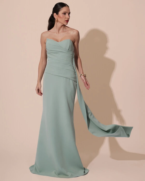 Vestido de Festa Longo Alfaiataria Tomara que Caia Drapeado Faixa Verde Menta