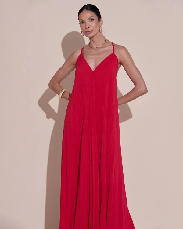 Vestido de Festa Longo Plissado Crepe Chiffon Decote V Alças Finas Vermelho