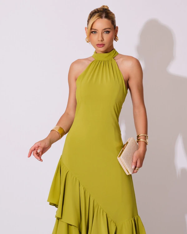 Vestido de Festa Longo Chiffon Crepe Gola Alta Babados Verde Pistache